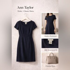 Ann Taylor Navy Fit & Flare Dress | Short Sleeve Minimal Classic Small
